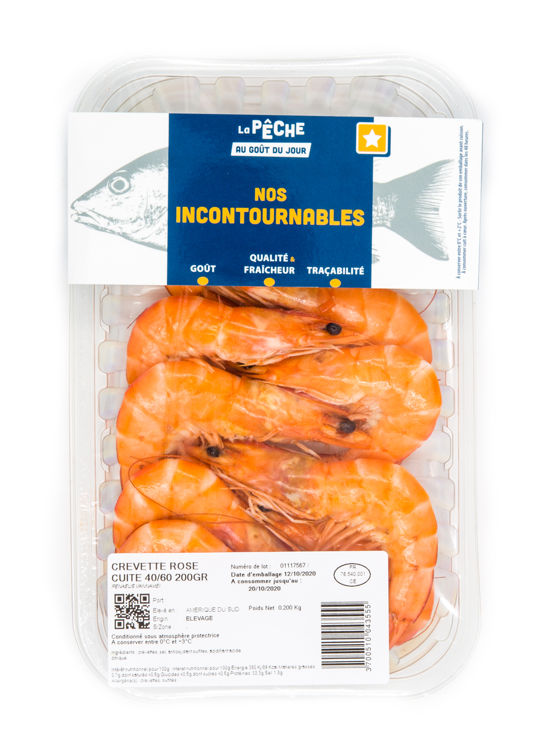 Crevettes rose cuite 40/60 DLC 7 jours (à partir de 14,95€ le kg)